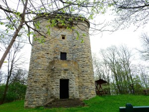 Historischer Steinturm im grünen Wald
