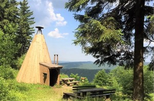 Holzhütte im Wald mit Panoramablick