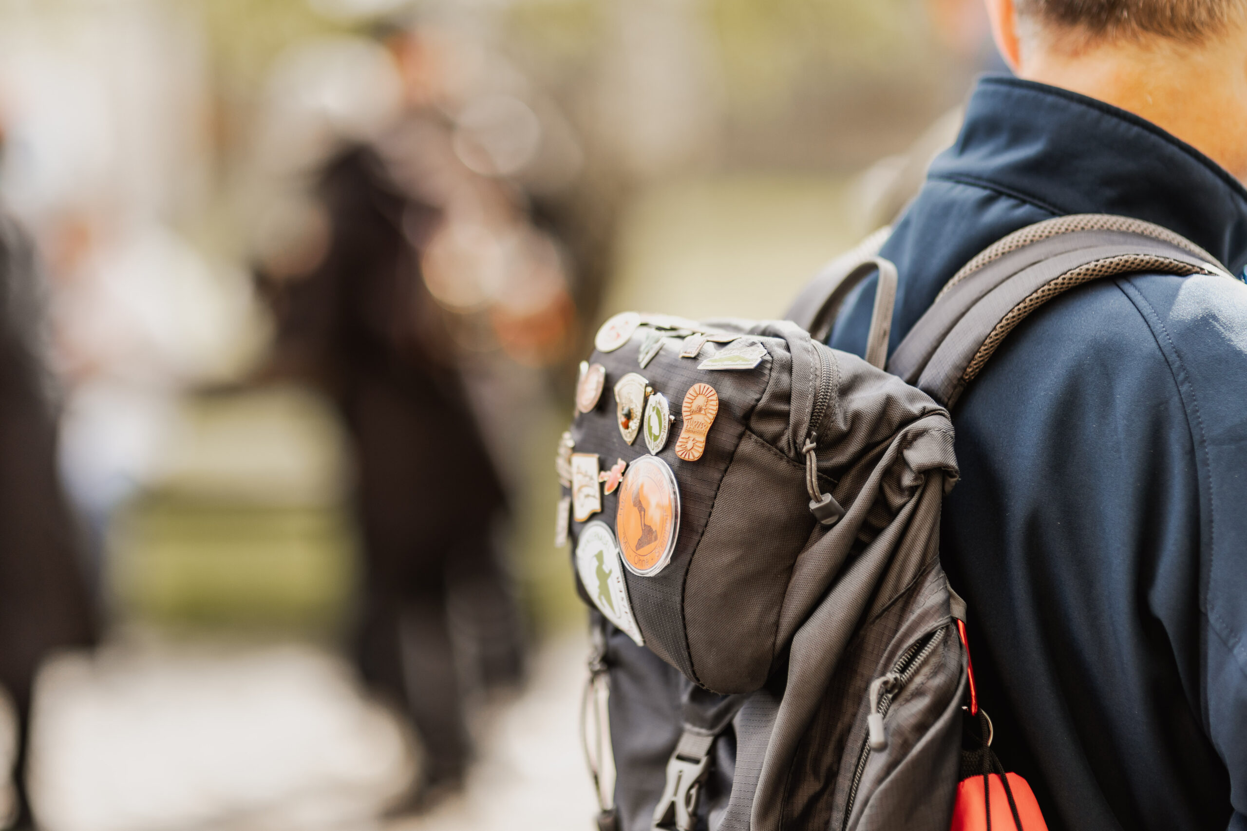 Rucksack mit bunten Ansteckern der Harzer Wandernadel