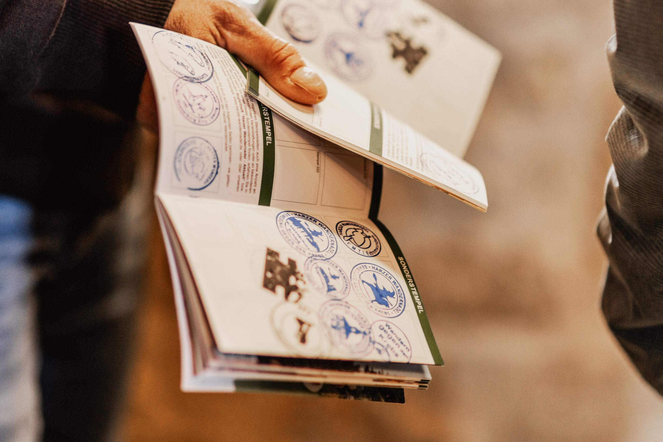 Rucksack mit bunten Ansteckern der Harzer Wandernadel